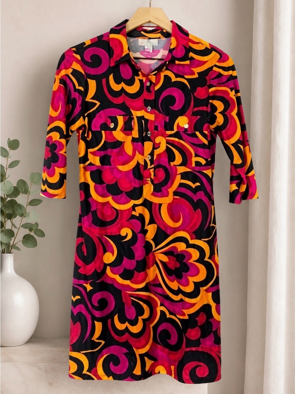 Jude Connally Sloan Dress Hot Pink Orange Yellow Blue Abstract Print Medium